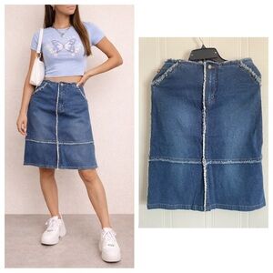Blue Denim Skirt 27 Y2K Mallcore Frayed Raw Seam